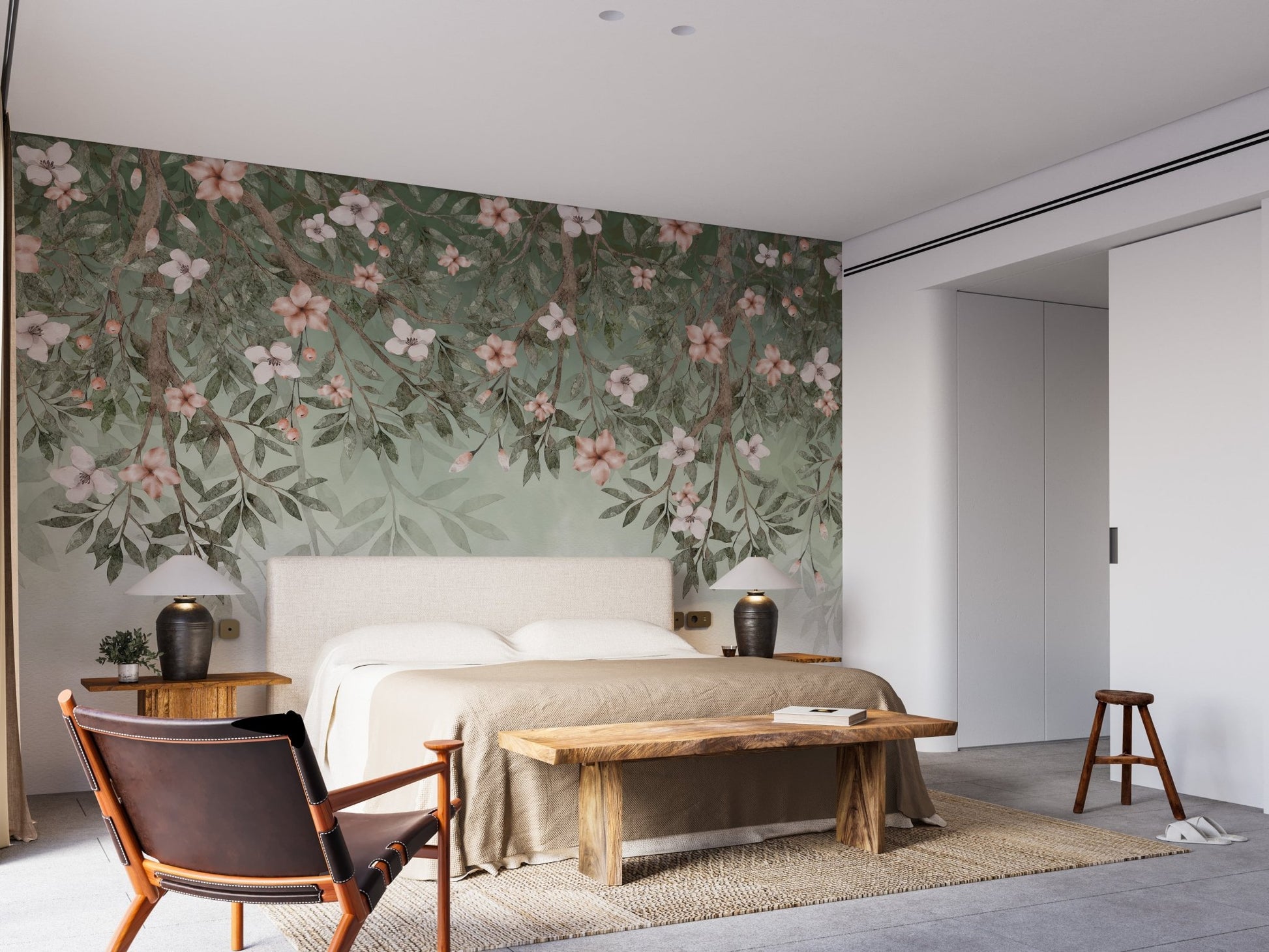 Floral canopy wall mural with muted earthy color scheme.