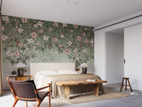 Floral canopy wall mural with muted earthy color scheme.