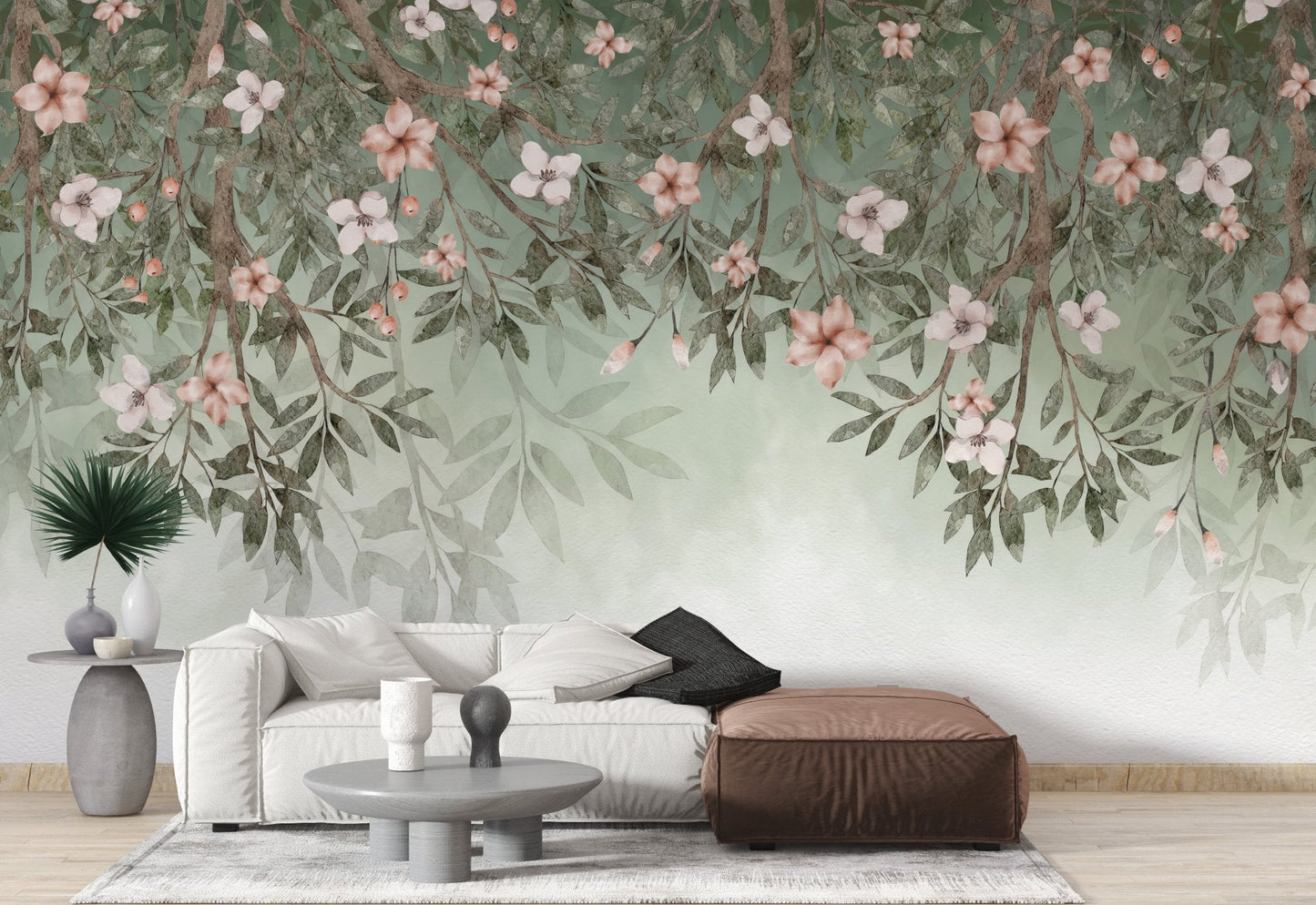 Floral blossom wallpaper mural with sage green botanical wallpaper design.