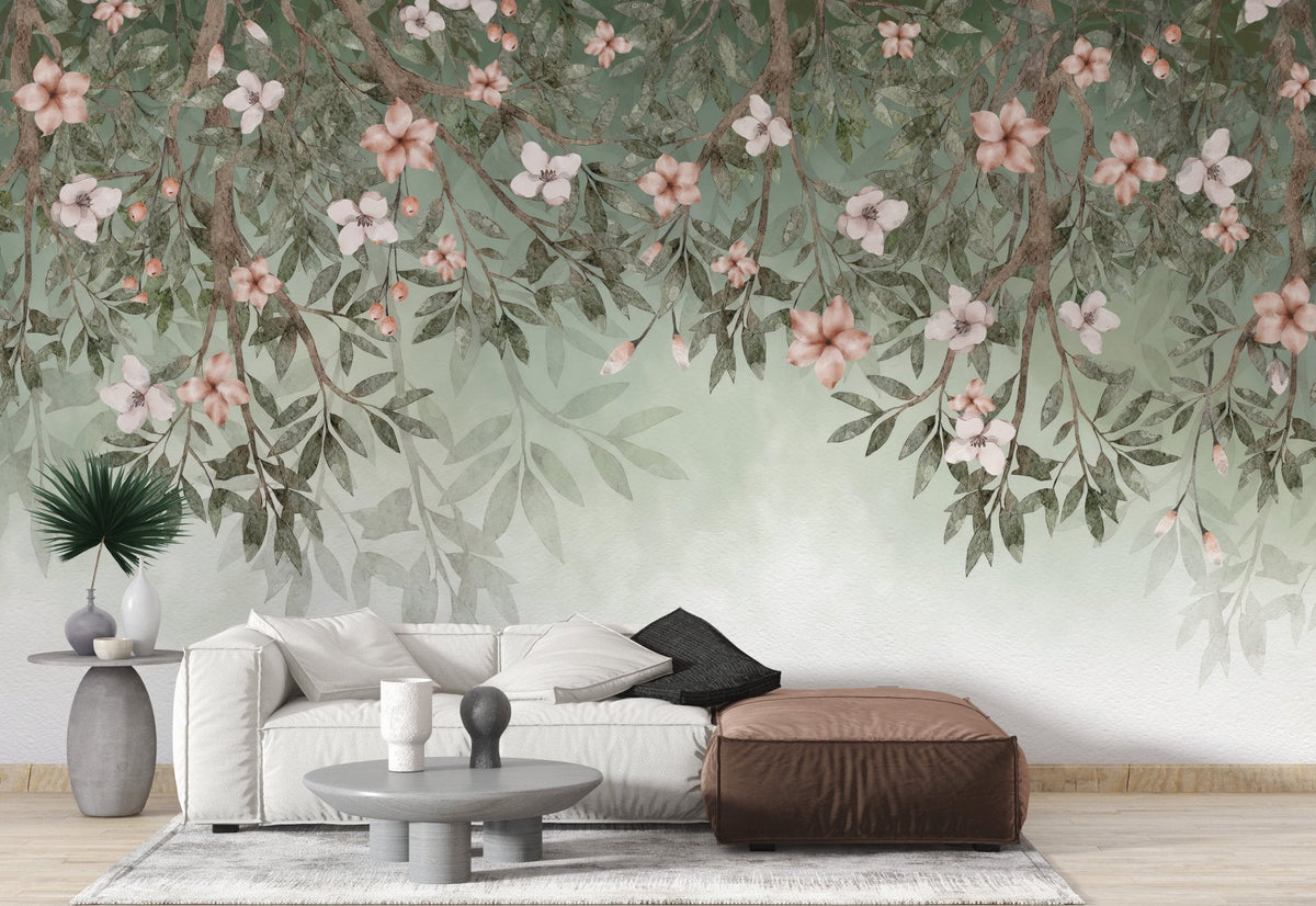 Floral blossom wallpaper mural with sage green botanical wallpaper design.