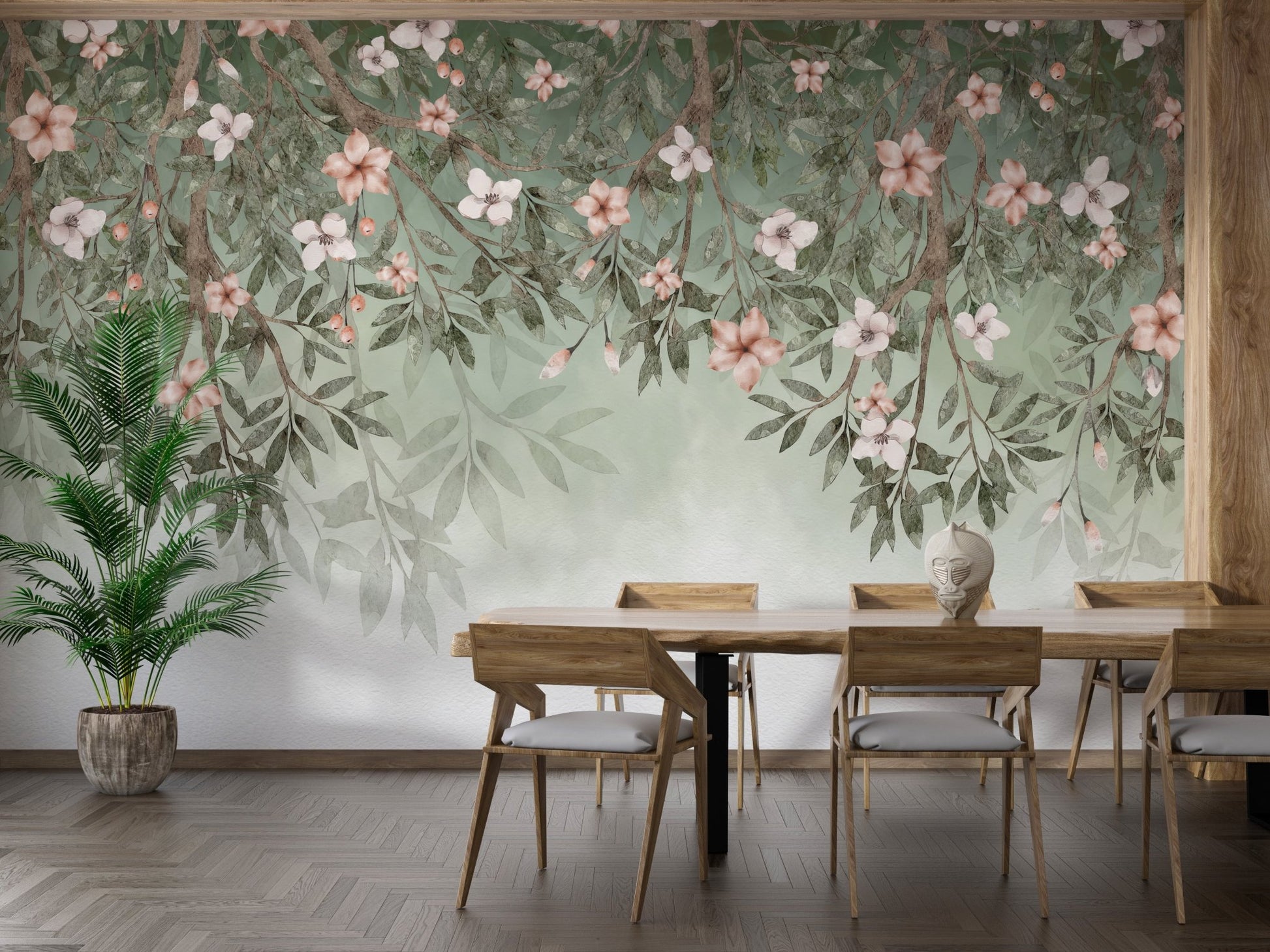 Minimal floral branch wall mural with soft green backdrop.