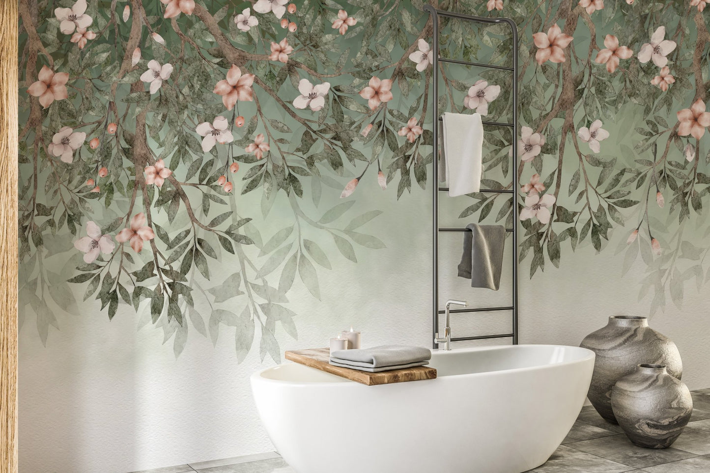 Hanging branch wall mural with blush pink flowers and soft green leaves.