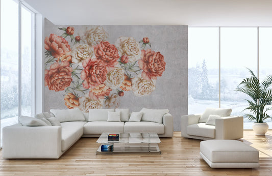 Botanical floral wallpaper mural with peach and ivory blooms.