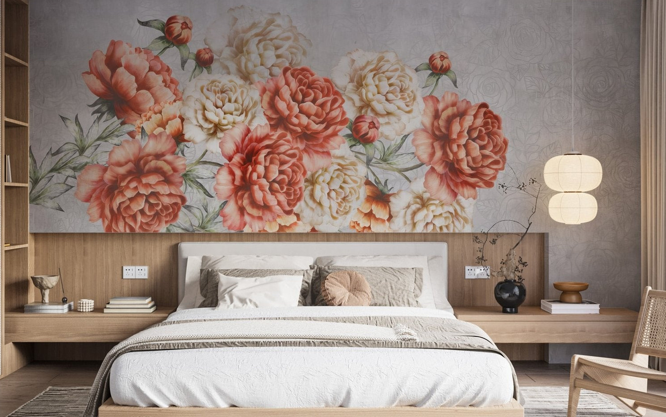 Modern floral wallpaper wall mural with layered peony artwork.