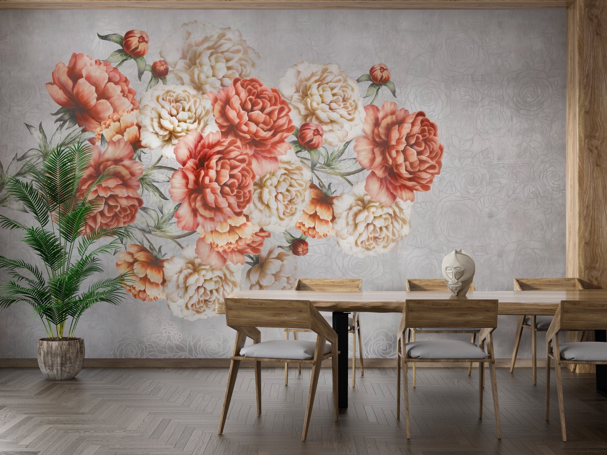 Artistic floral cluster wall mural wallpaper with subtle detailing.