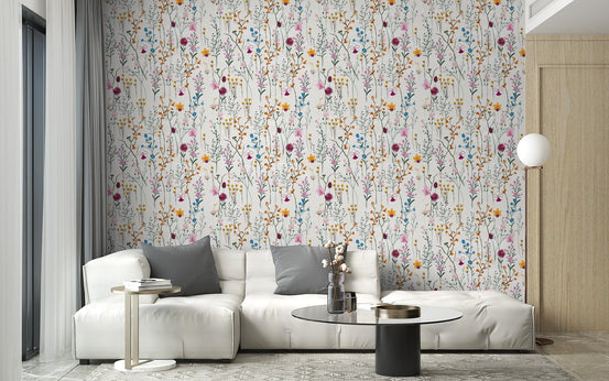 Pastel floral elegance wallpaper mural with scattered wild blooms.