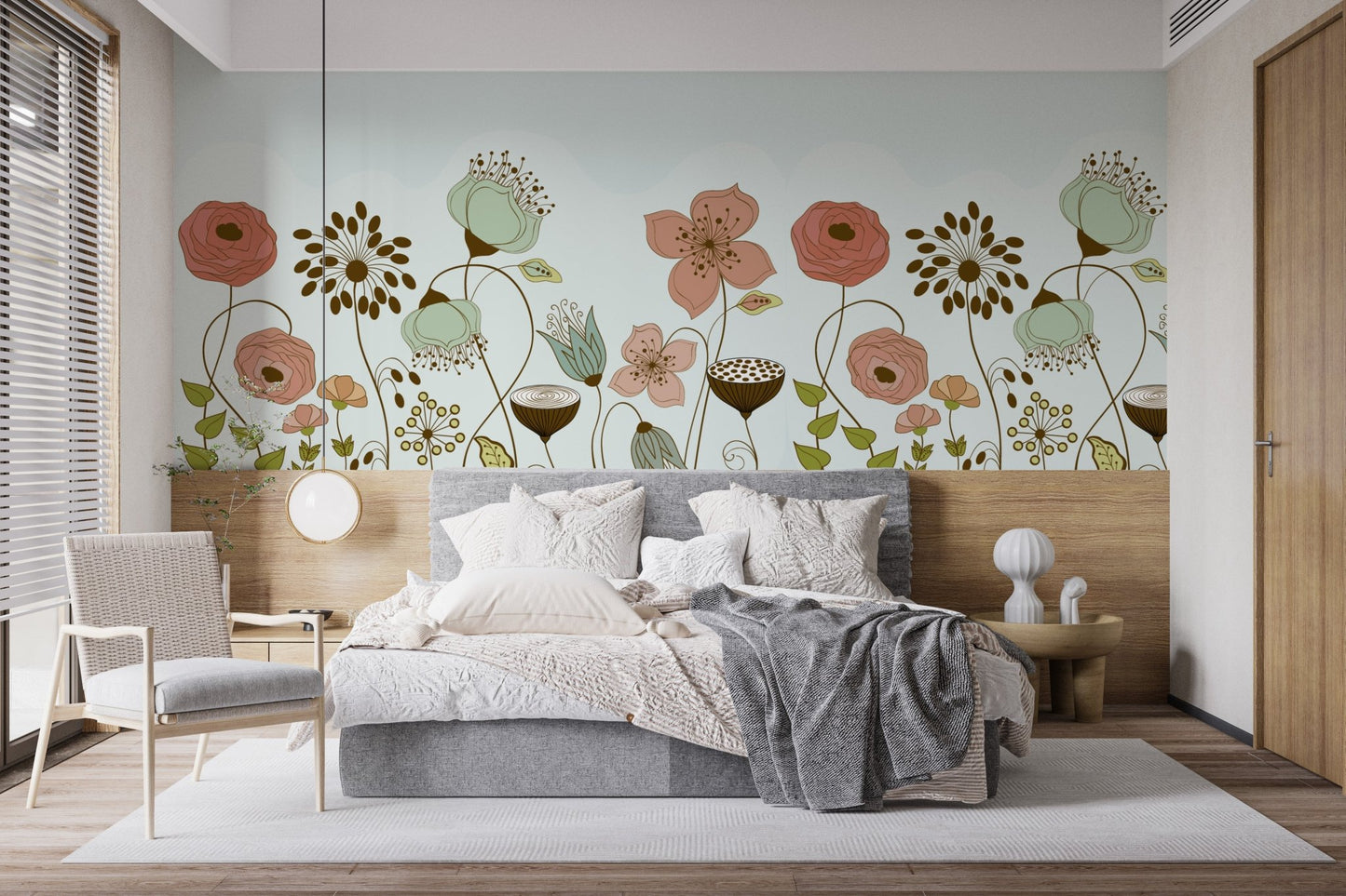 Floral essence mural adding charm and elegance to bedroom spaces.
