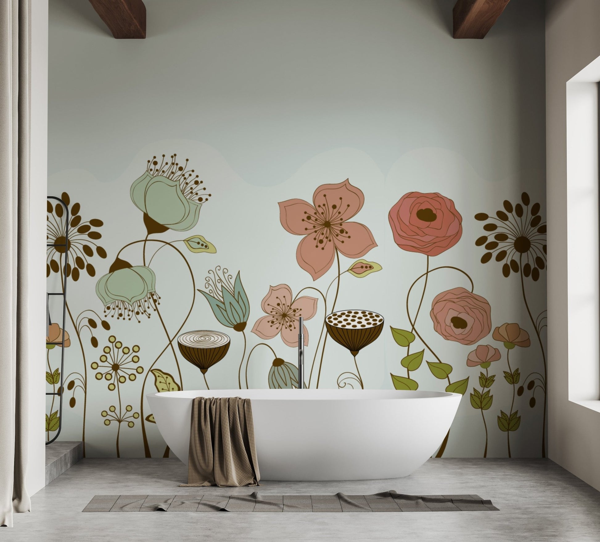 Artistic mural featuring floral essence for a tranquil bathroom ambiance.
