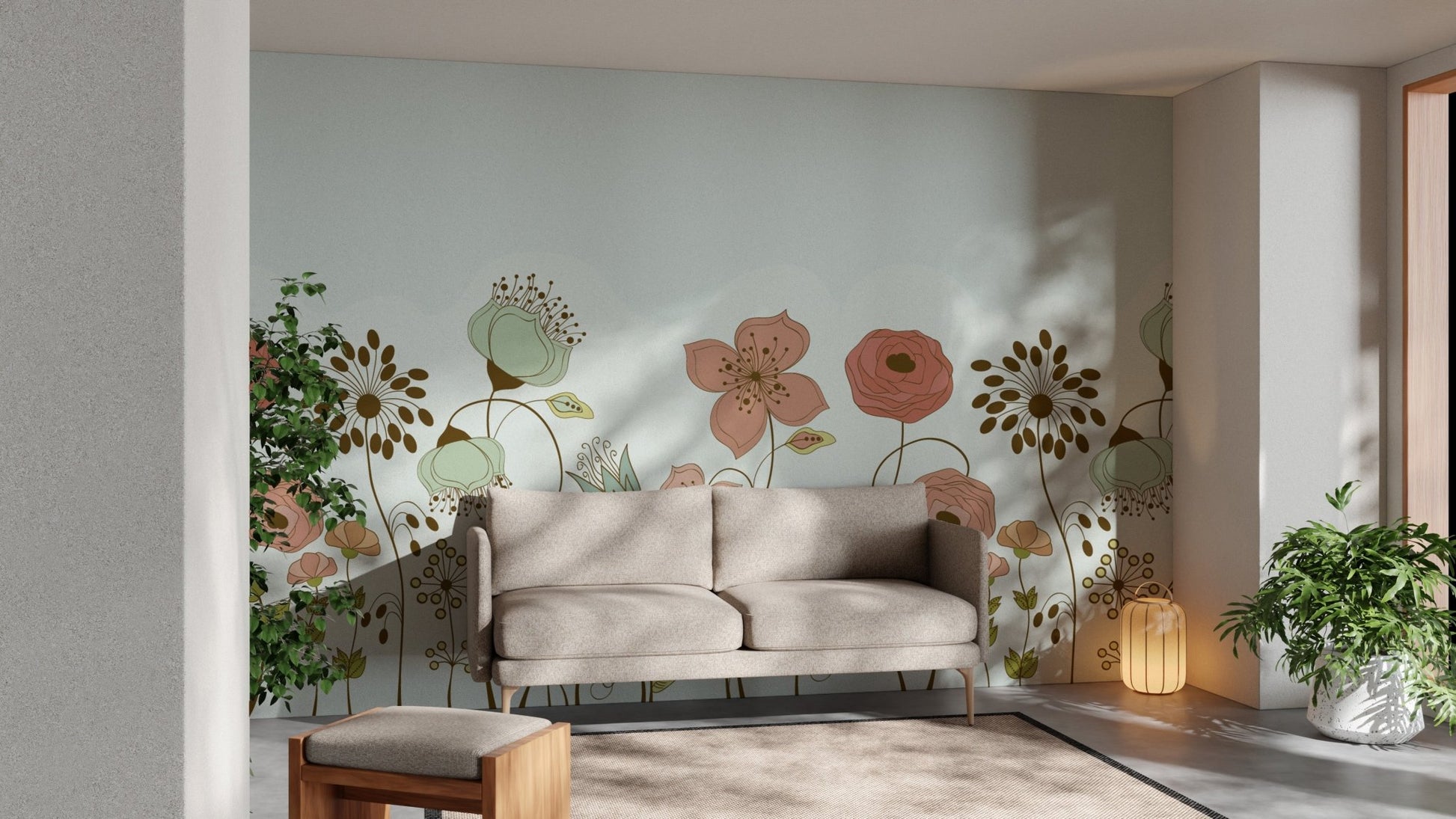Wall mural showcasing graceful floral essence with artistic flair in living area.
