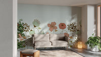 Wall mural showcasing graceful floral essence with artistic flair in living area.
