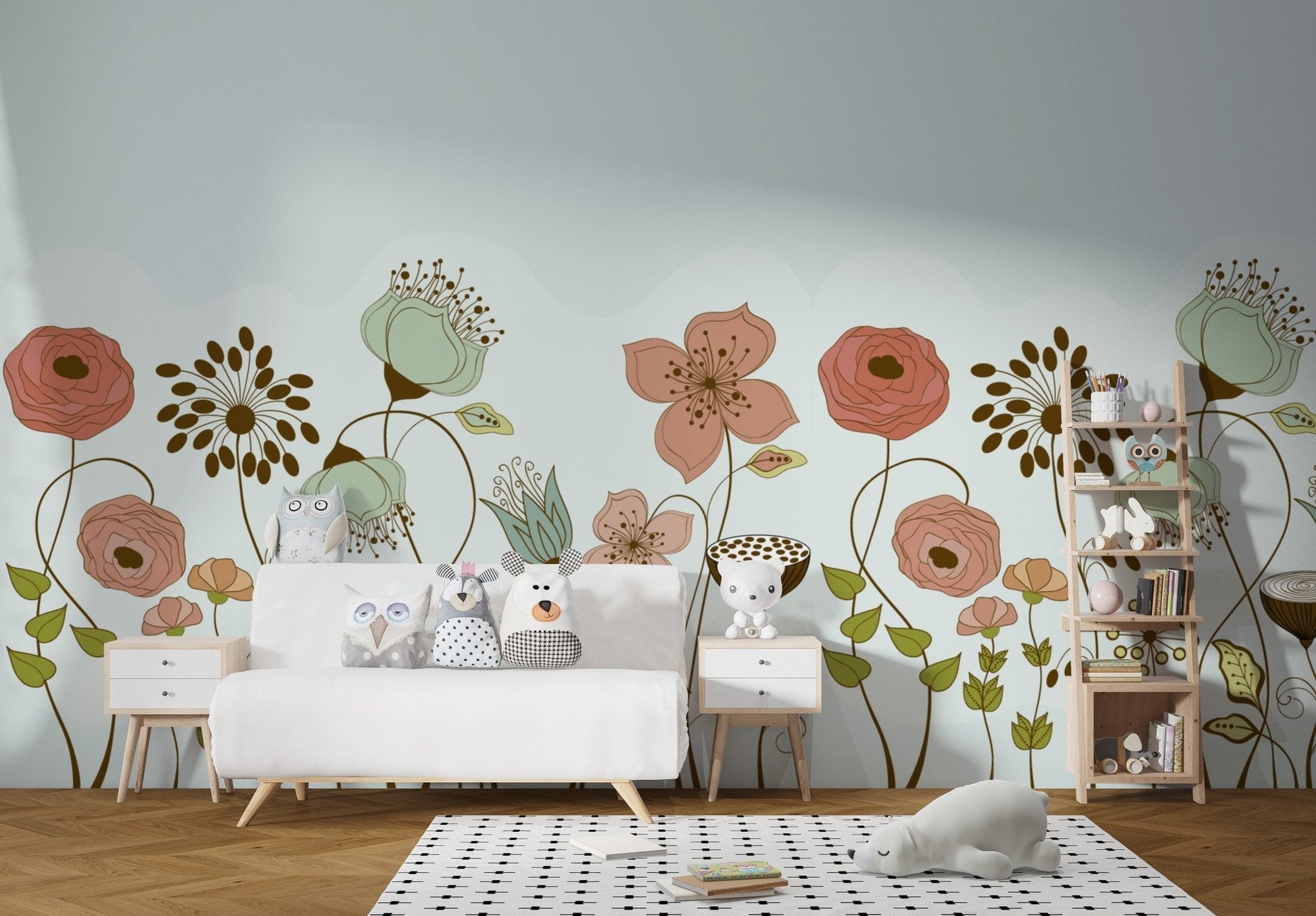 Elegant floral essence mural for serene and stylish nursery wall decor.
