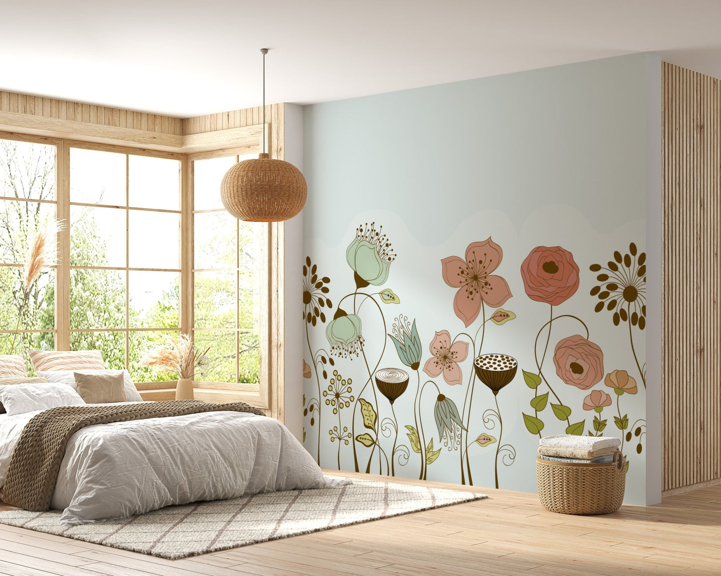 Soft floral essence mural for graceful and serene bedroom interiors.
