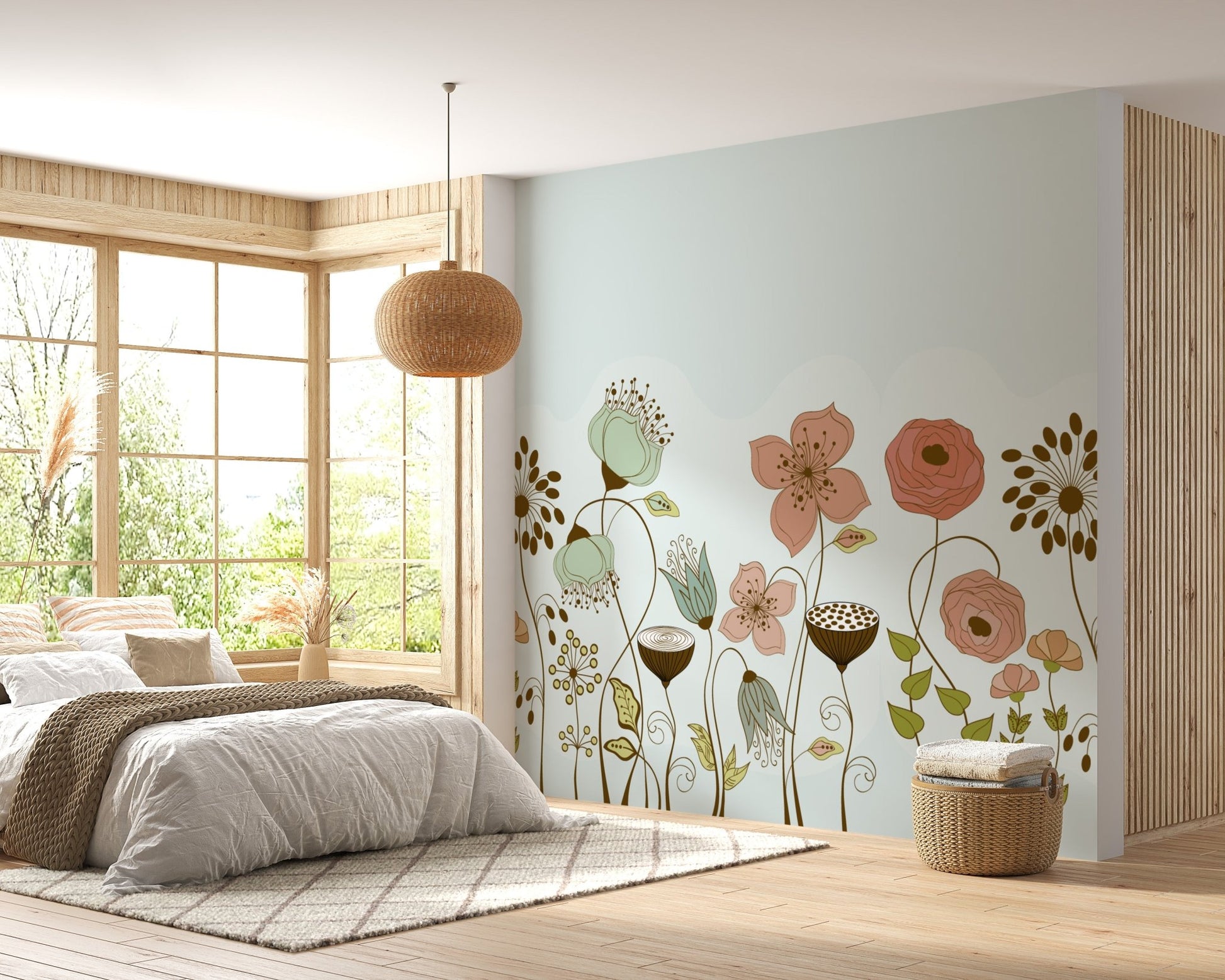 Soft floral essence mural for graceful and serene bedroom interiors.
