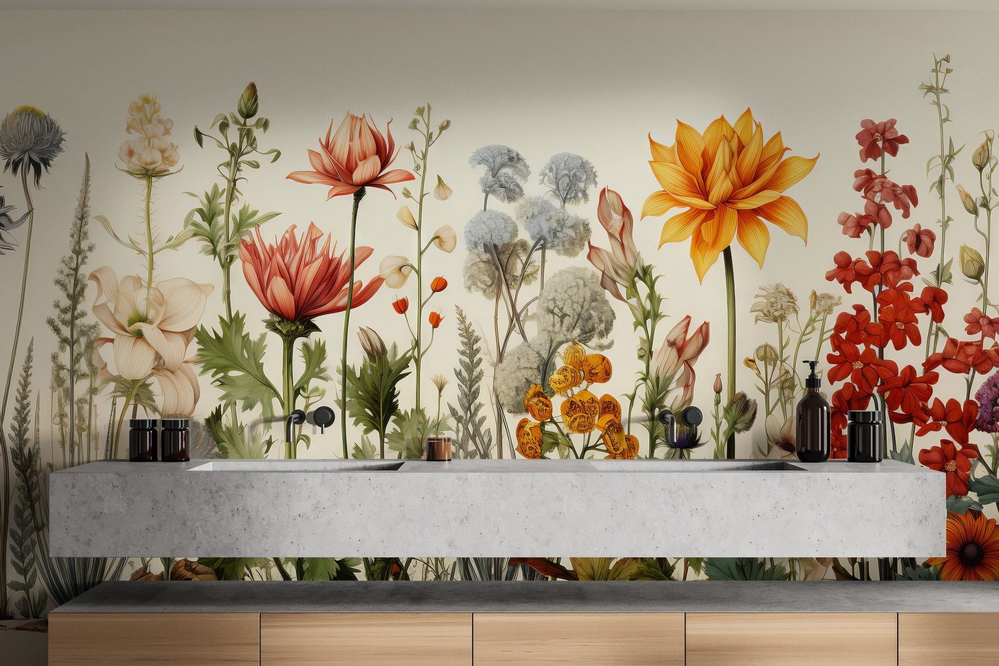Floral garden wallpaper mural vibrant botanical wallpaper artwork.