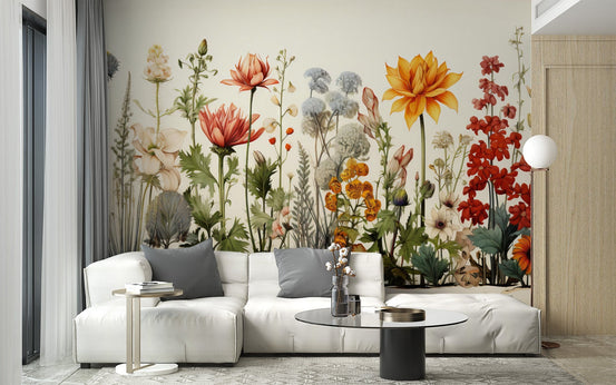 Illustrated garden plants wallpaper mural artistic decor.