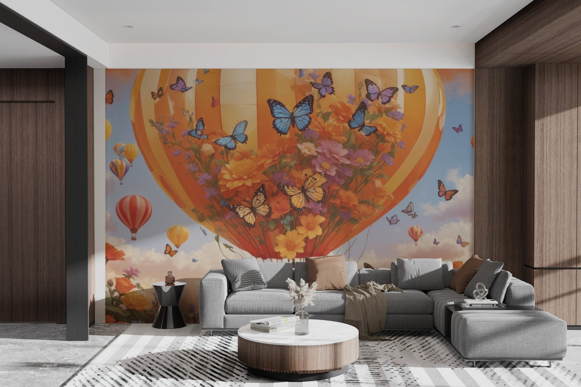 Orange hot air balloon wall mural with blue butterflies.