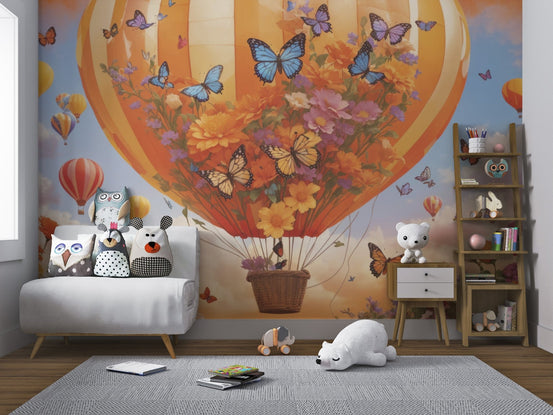 Detailed floral hot air balloon wallpaper with roses.