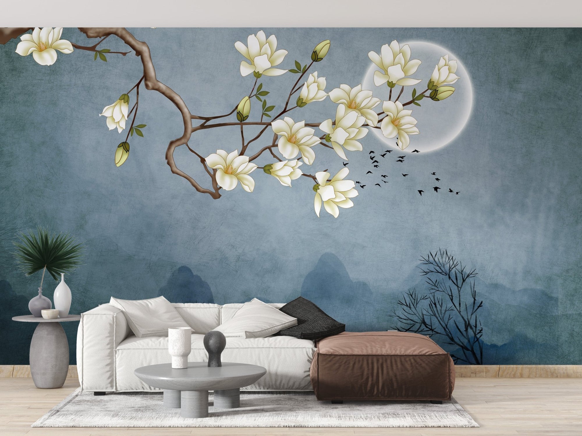 Floral Japanese art wall mural in a modern living room with a white sofa.