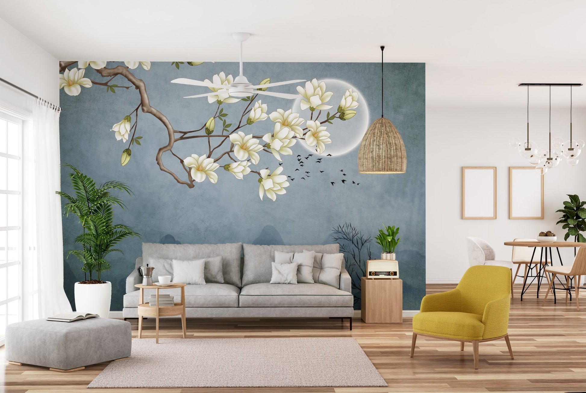 Floral Japanese art printed wall murals in a contemporary sitting room.