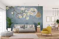 Floral Japanese art printed wall murals in a contemporary sitting room.