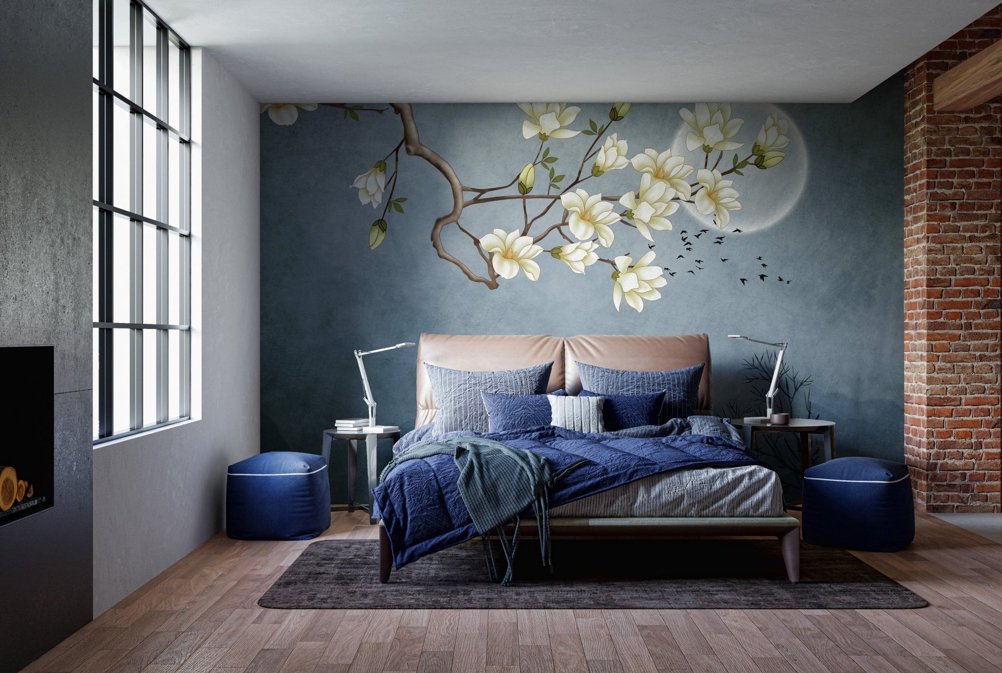 Dark blue floral wall mural in a bedroom with navy bedding and grey walls.