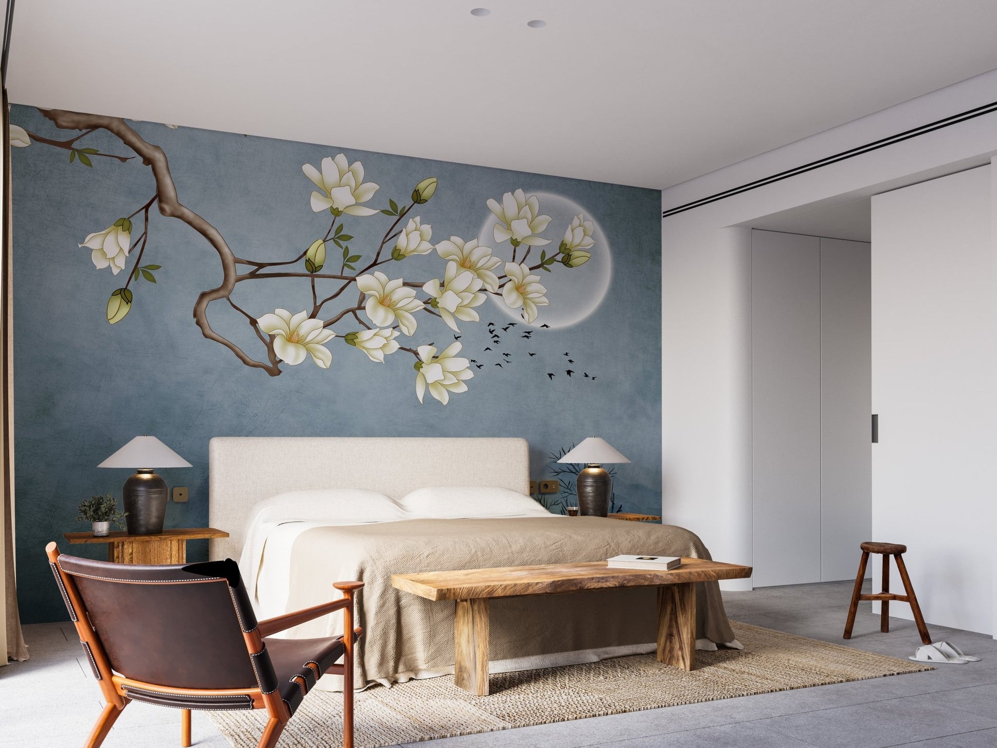 Minimalist bedroom wall paper with white japanese blossoms and a wooden bed frame.