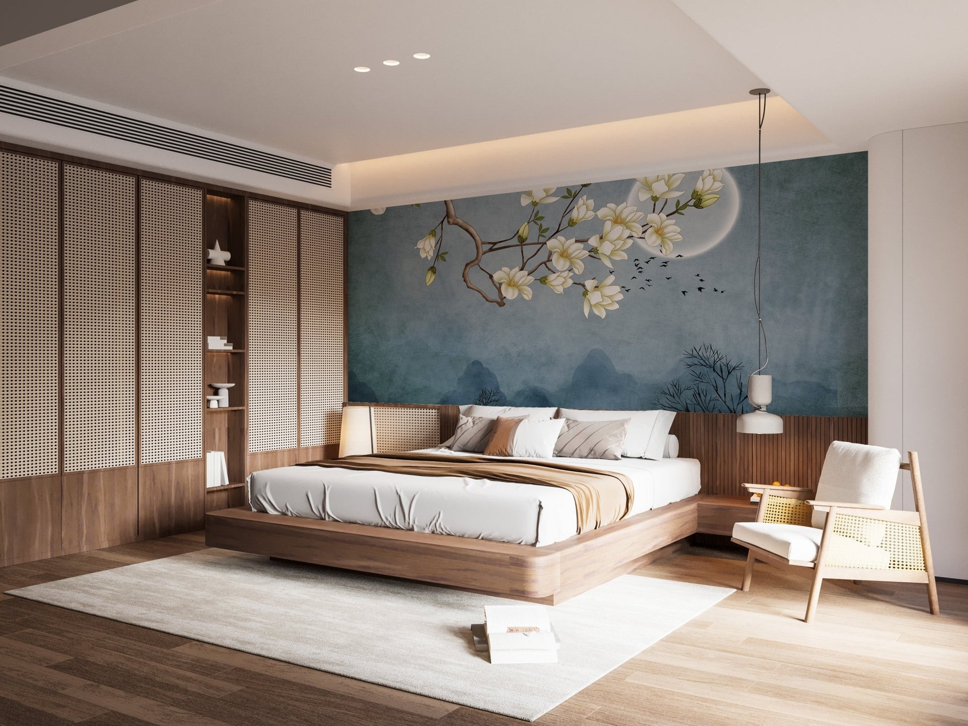 Elegant floral wall mural with magnolia tree art in a spacious master bedroom.