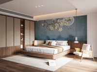 Elegant floral wall mural with magnolia tree art in a spacious master bedroom.