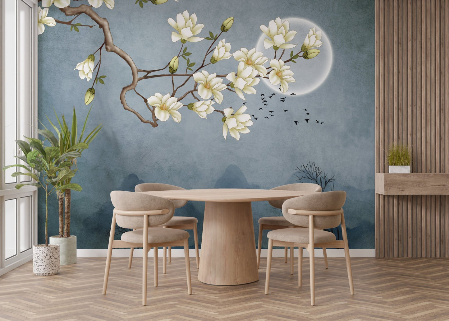 Zen style floral art wall mural featuring white flowers in a minimalist dining area.