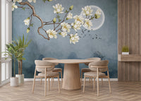 Zen style floral art wall mural featuring white flowers in a minimalist dining area.
