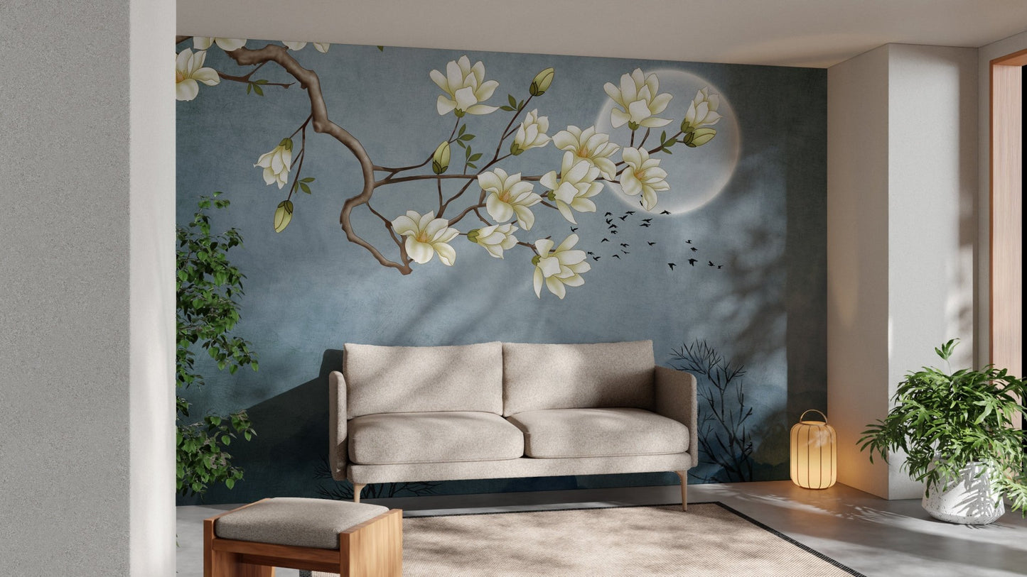 Floral Japanese art wall mural in a cozy seating area with a small rug.