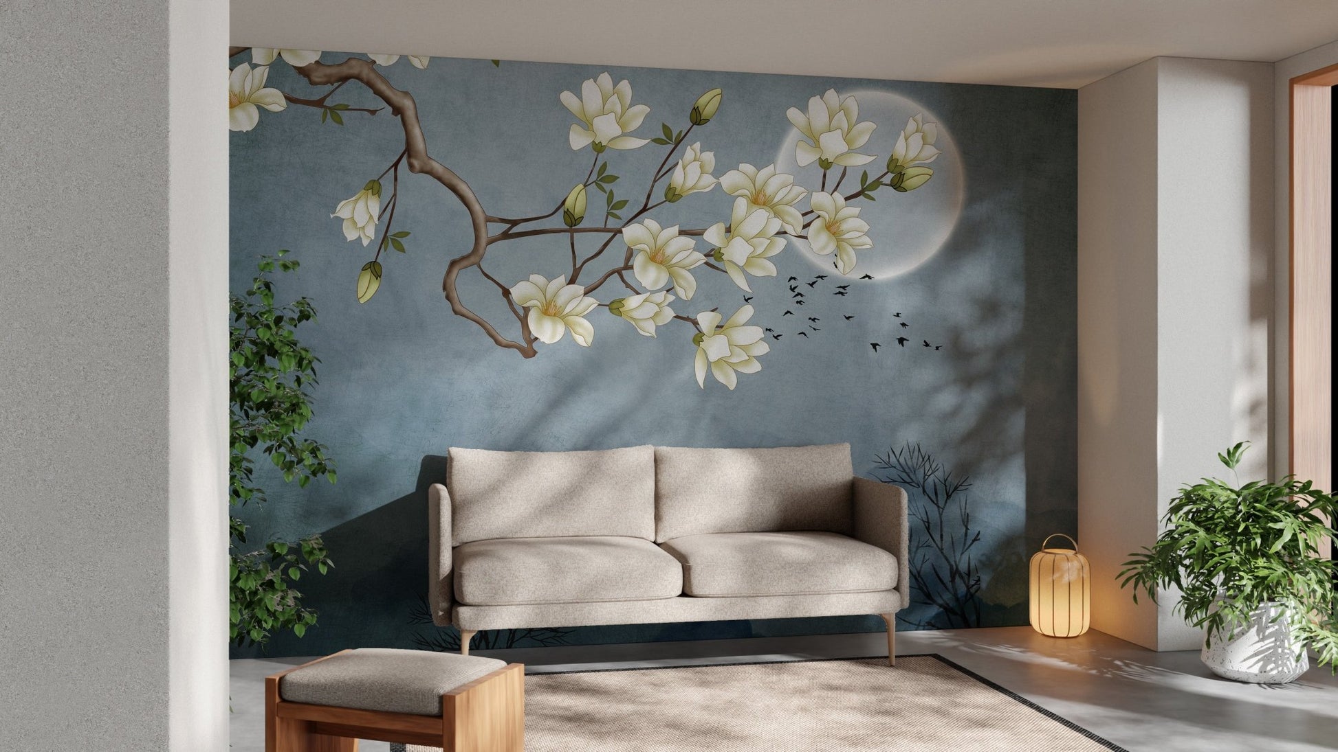 Floral Japanese art wall mural in a cozy seating area with a small rug.