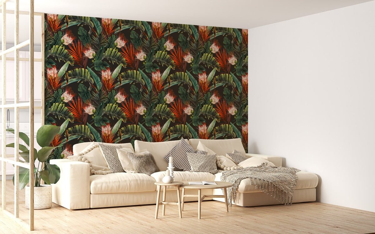 Floral pattern tropical leaves dark background wallpaper in a large living area.