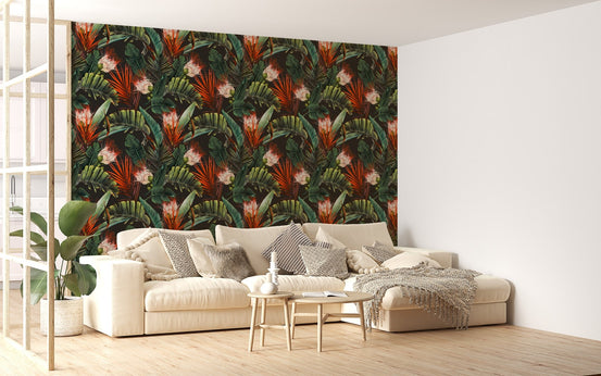 Floral pattern tropical leaves dark background wallpaper in a large living area.
