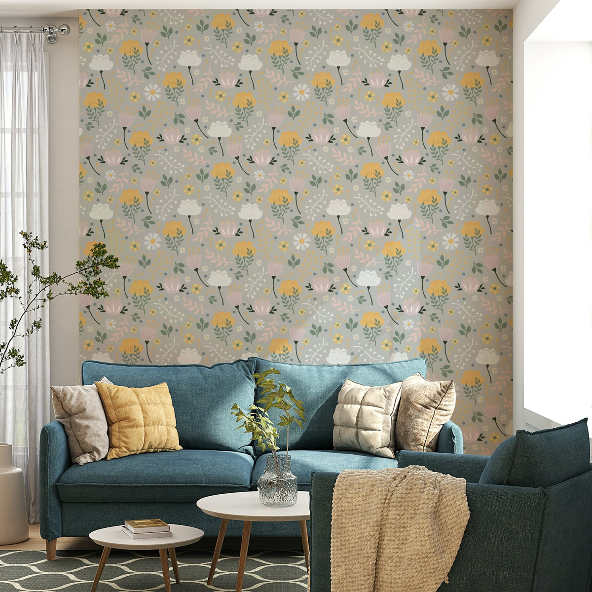 Vintage bloom motif on patio full wall