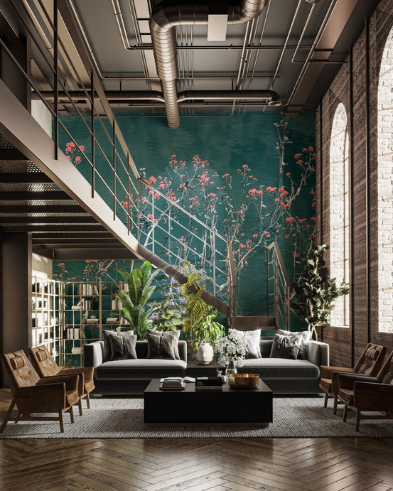 Minimalist wall mural featuring delicate blossoms reflection over deep aqua ripples.