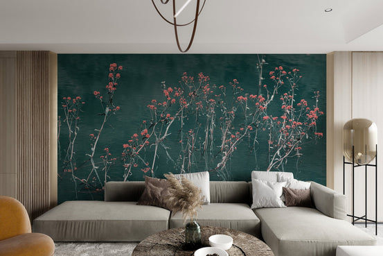 Floral shore wallpaper in peach and teal tones for a feature wall.