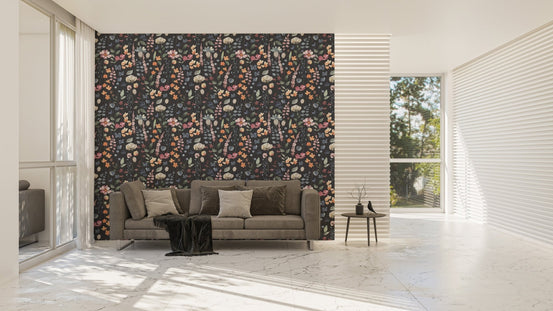 Large living room featuring a dark blue botanical wallpaper.