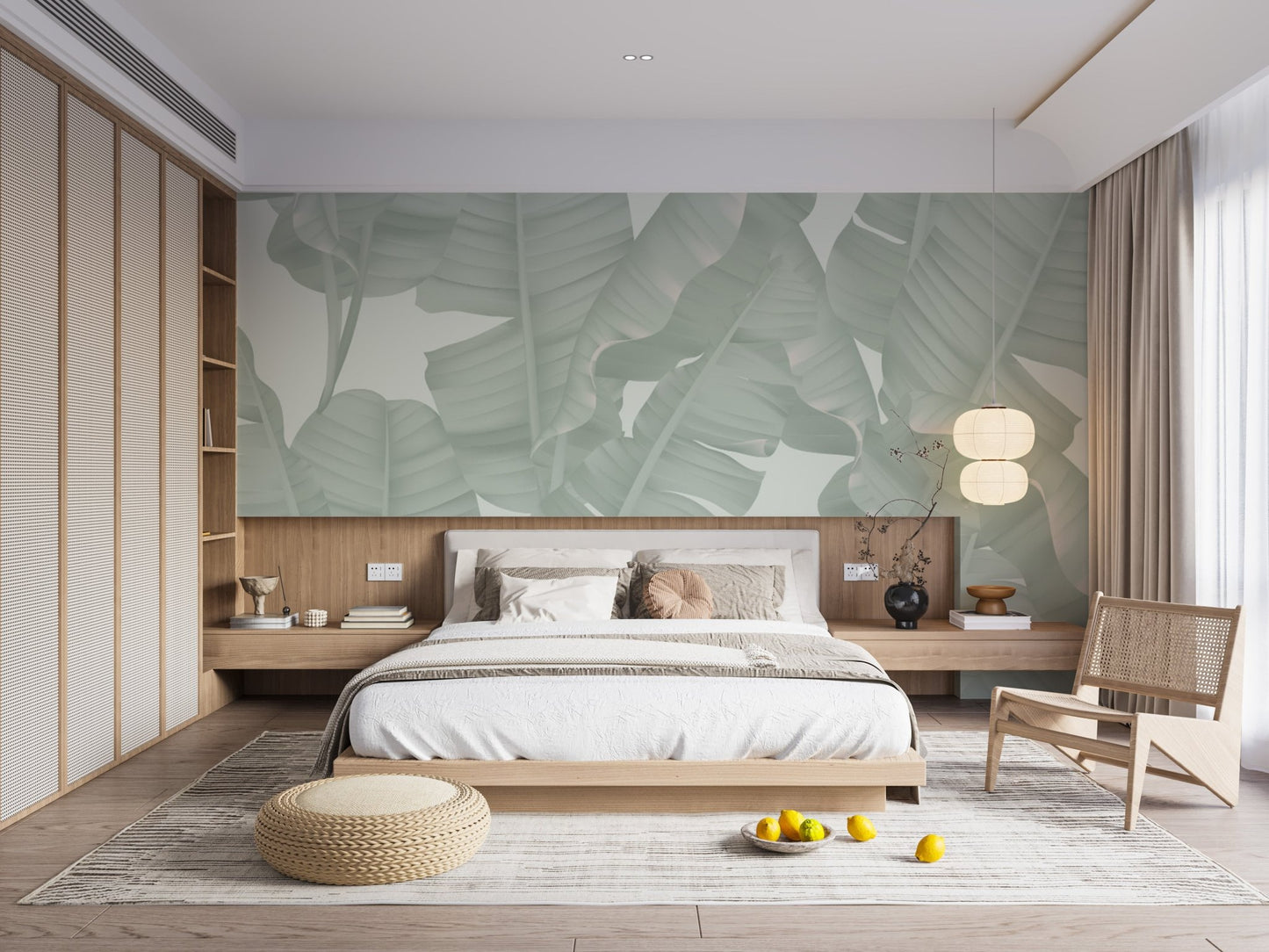 Green banana leaf seamless wall mural for bedroom interiors.