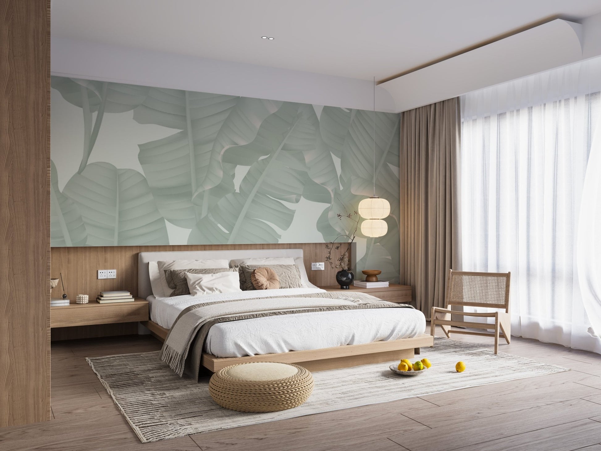 Floral seamless green banana leaves wall mural in a bedroom with wooden furniture.