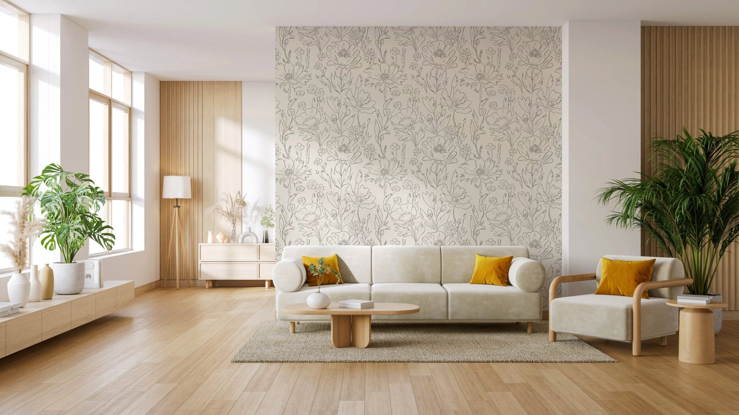 Minimal floral sketch pattern wallpaper in beige