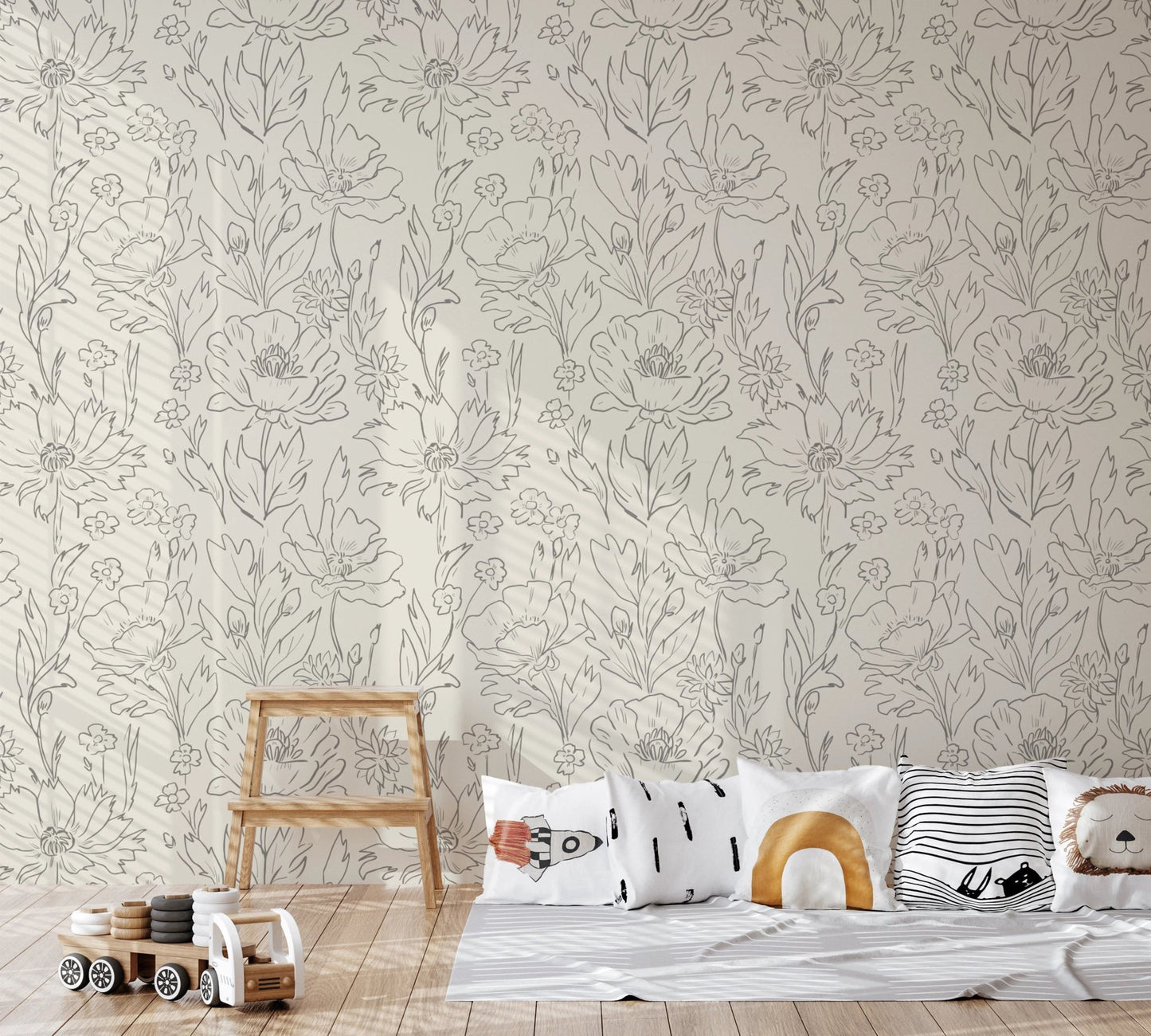 Calm beige floral sketch wallpaper for interiors