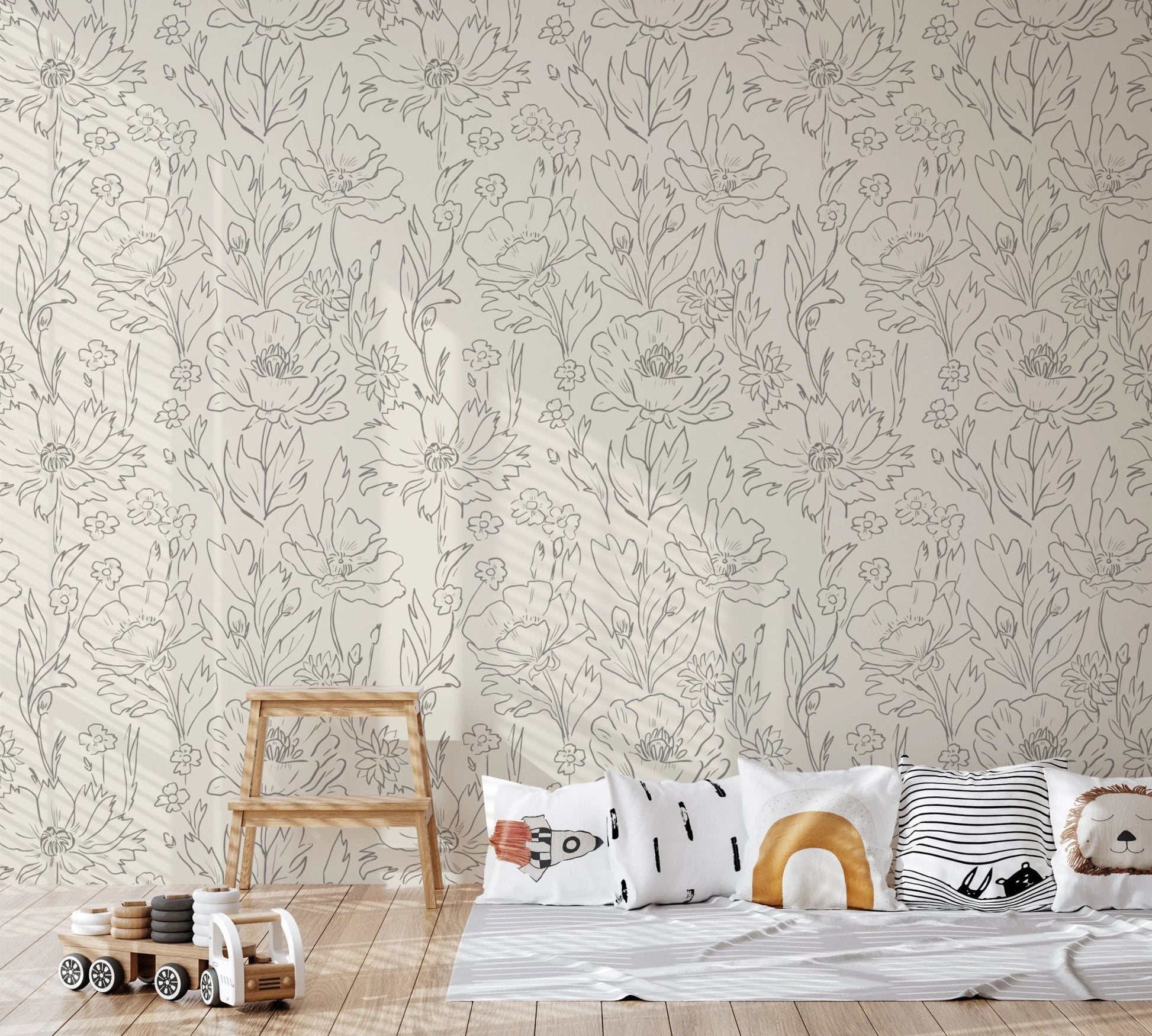 Calm beige floral sketch wallpaper for interiors