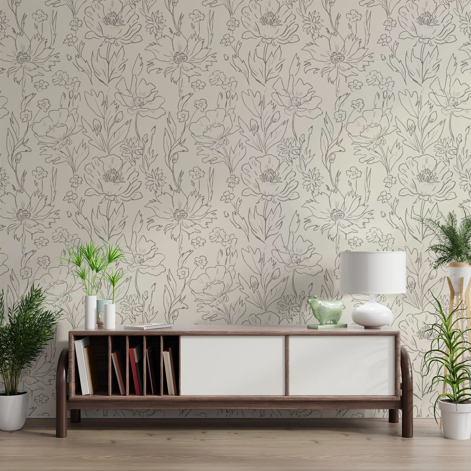 Beige floral sketch pattern wall covering design