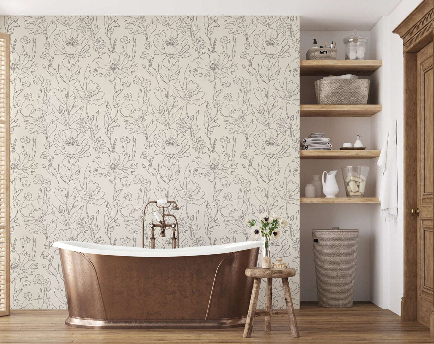 Hand drawn floral pattern wallpaper with beige tones