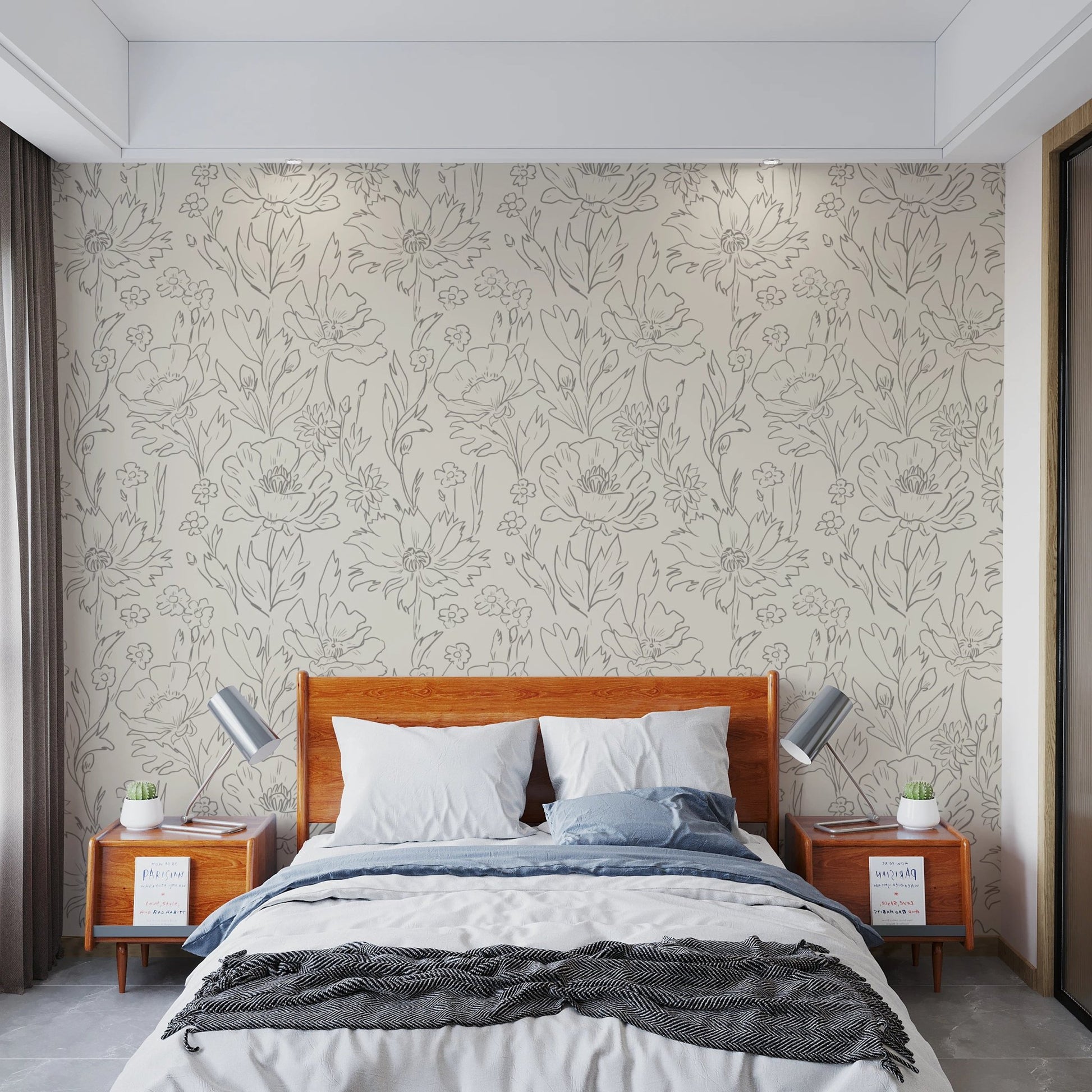 Subtle floral sketch pattern wallpaper for rooms