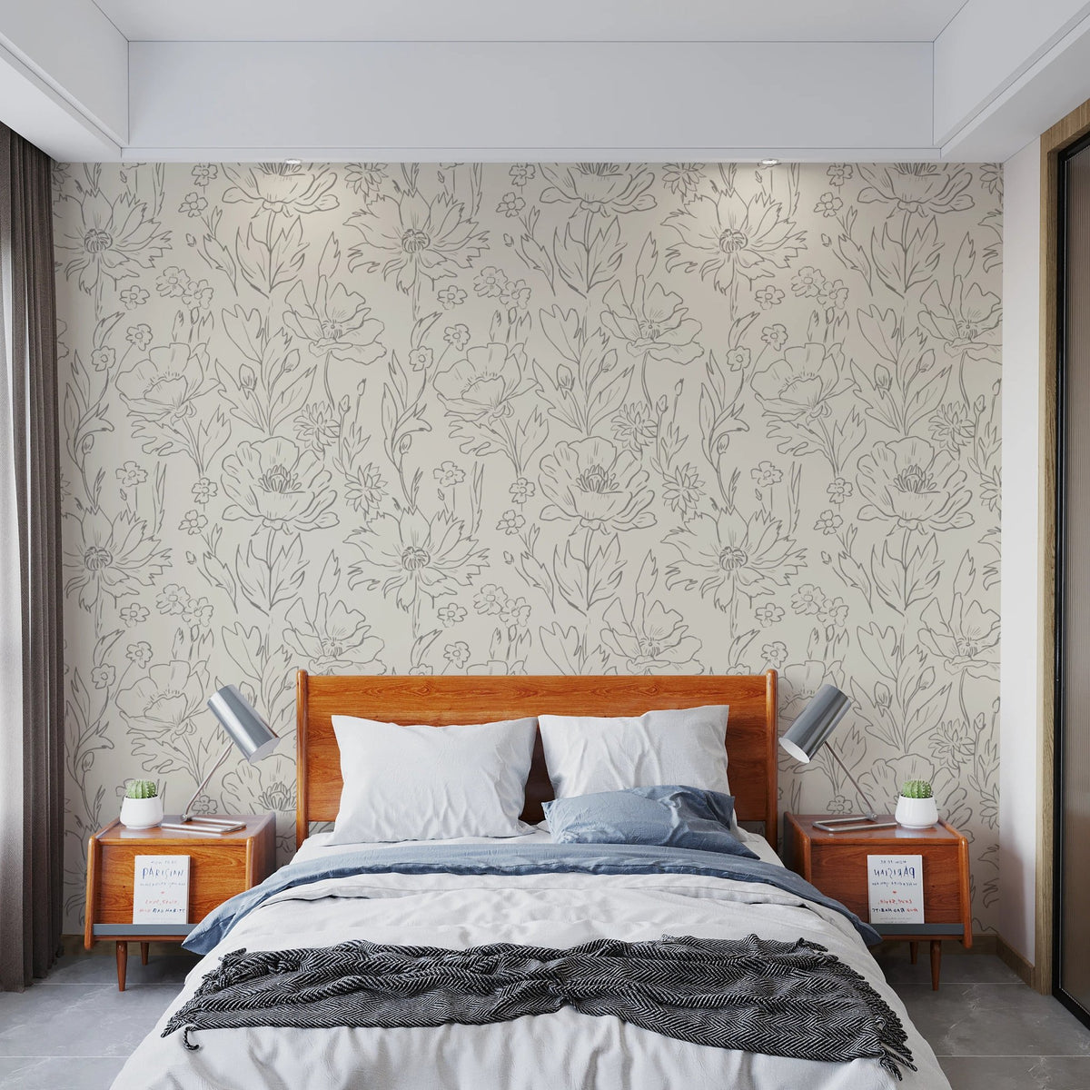 Subtle floral sketch pattern wallpaper for rooms