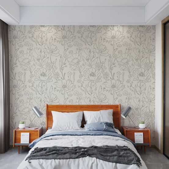 Subtle floral sketch pattern wallpaper for rooms