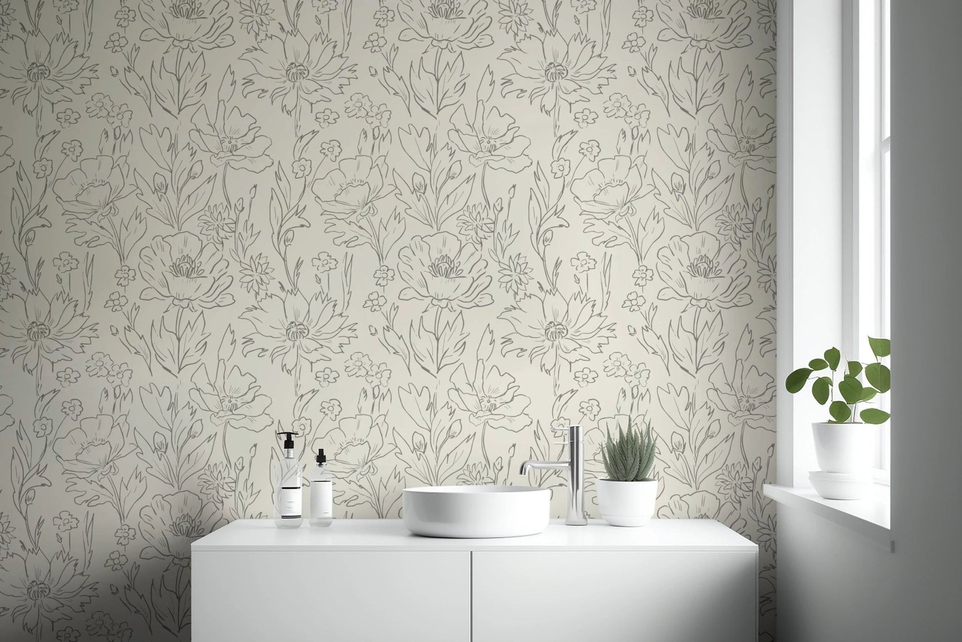 Delicate floral line pattern wallpaper in beige