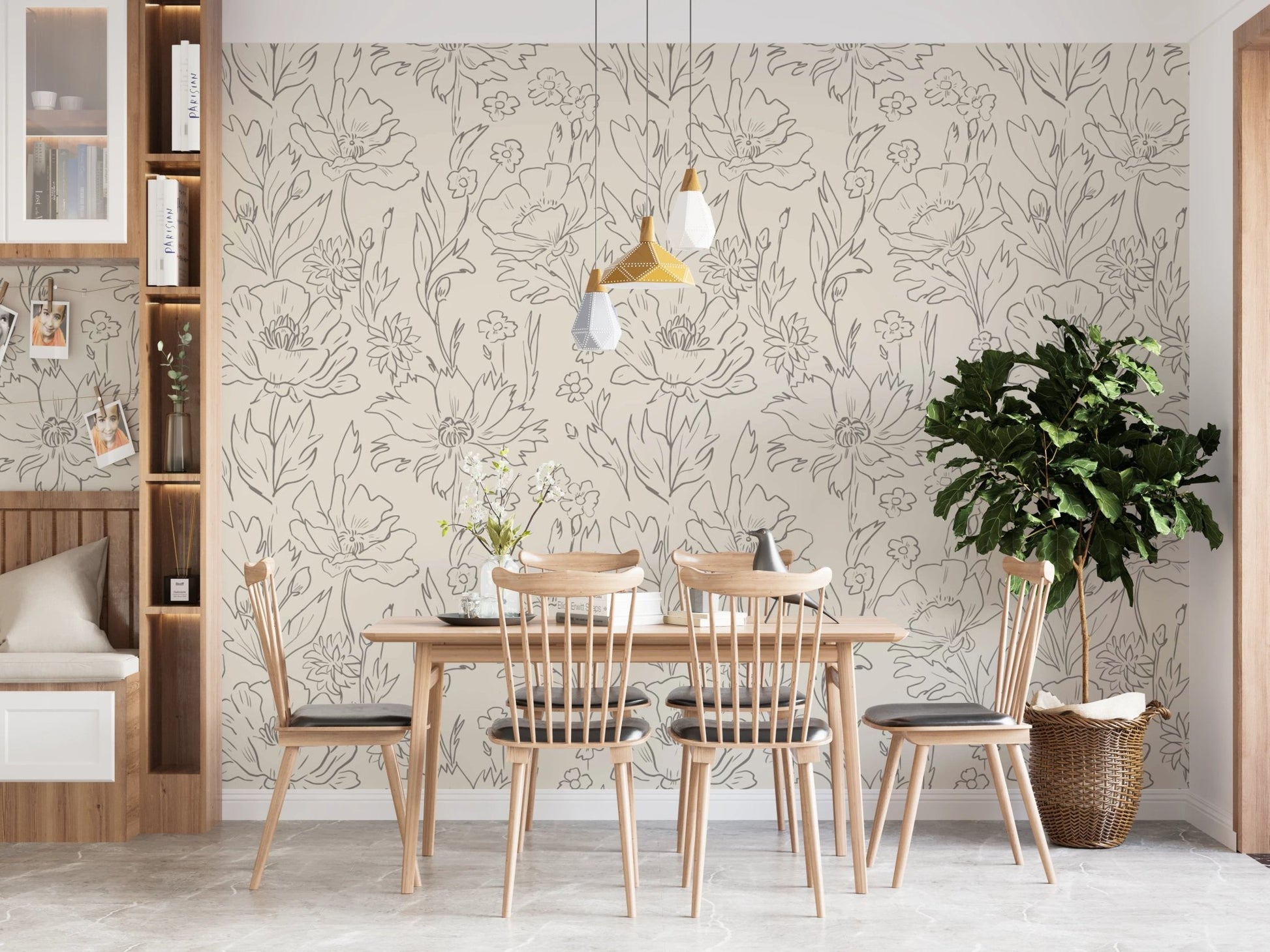 Neutral beige floral pattern wallpaper with line art